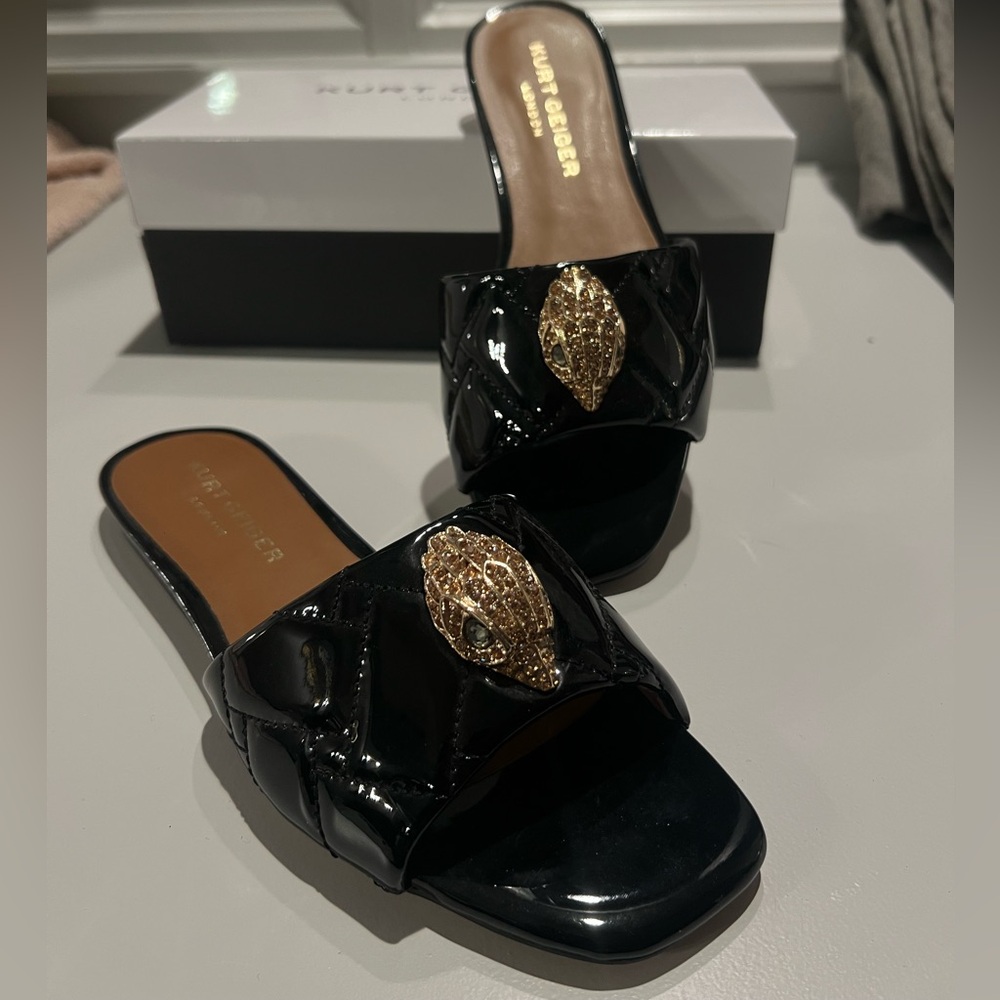 Kurt Geiger Black and Gold Mules